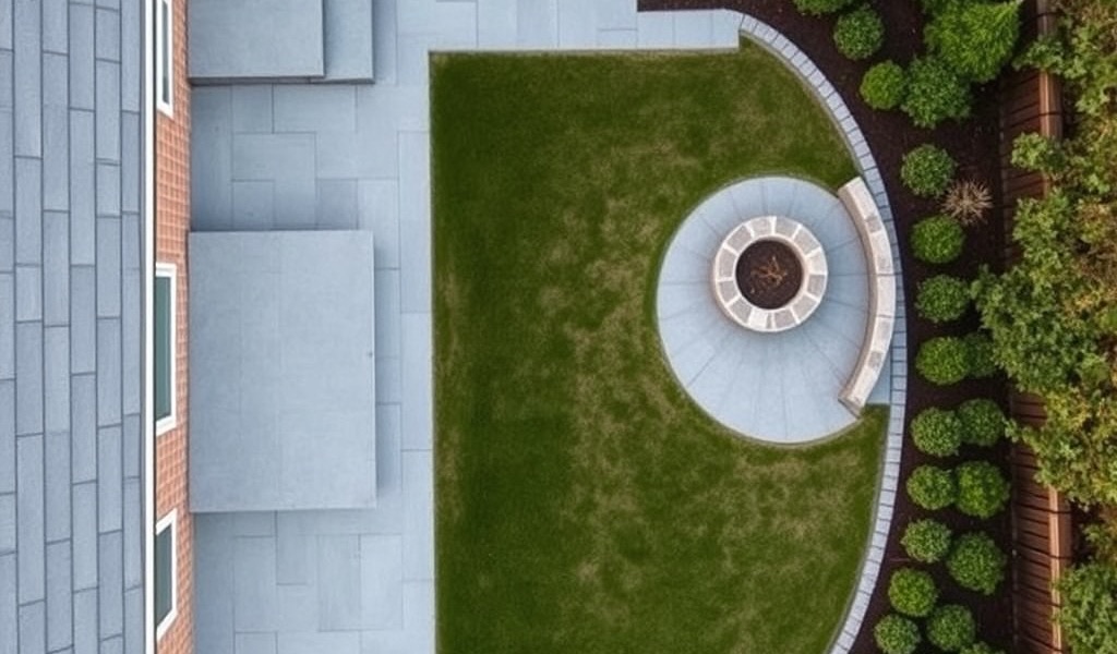 The finished garden from above: a stone terrace and steps down to an open lawn, a round fire pit, a curved seat wall around a planted bed, and beds along both boundaries